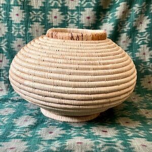 Vintage Pencil Reed Coiled Bamboo Basket Vase Mid Century Boho Minimalist